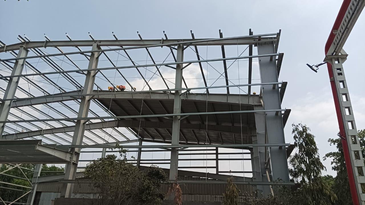 Steel frame structure under construction